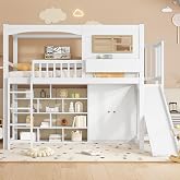 Childrens Bunk Bed 90 x 200 cm Bunk Bed with Slide Wardrobe Shelves and Ladder Single Bed Wooden Bed Frame with Slatted Frame and Fall Protection Pine + MDF + Plywood Without Mattress White