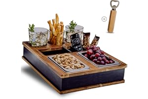 LYX & FINT CouchBar - Extrem Robust & Langlebig Premium Akazien Holz Couchbutler I Edles Design I 3 Getränkehalter I Flexible Einteilung I Mit Flaschenöffner I Couch organizer Geschenk Für Männer & Frauen