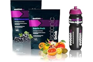 EVOTION PRO HEALTHLINE NUTRITION EVOTION PRO Boisson Isotonique en Poudre - 2 x 600 g + Bidon, Idéale pour s'hydrater, Avec électrolytes et Des Glucides, Prévenir les Crampes Musculaires, Sans Gluten, Cassis et Fruits Exotiques