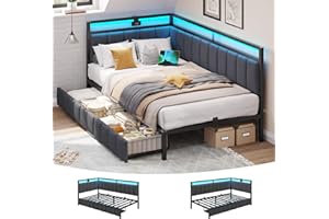 DICTAC Single Bed Frame with 2 Storage Drawers,Charging Station and Led Lights 3ft Single Daybed with Storage 90x190 Corner Platform Bed with Upholstered Guardrail,Space-Saving Single Sofa Bed,Gray