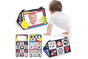 Donaky Tummy Time Mirror Toys, Foldable Baby Mirror Toy Black and White Sensory Toys 0-6 Months Girl Boy Flip Mirror Tummy Time Book for Newborn Infants, Alphabet