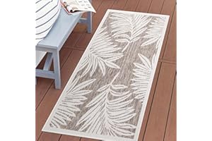 carpet city Teppich Outdoor Wetterfest - Beige - 80x150 cm - Palmen-Blätter - Balkon Teppich Wasserabweisend - In-& Outdoor Teppiche für Terrasse, Garten, Küche, Bad oder Wohnzimmer