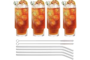 MUJUZE Set Bicchieri Vetro Moderni con Cannuccia,4pc 310ml Bicchieri Cocktail Stile Vintage,Bicchieri Da Long Drink per Succhi, Smoothie,Caffè Freddo