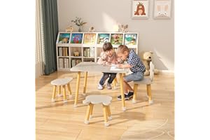 BanaSuper Set Tavolo e Sedia per Bambini in Legno Banco Attività per Bambini con 4 Sedie Set di Mobili Naturali per Bambini in Età Prescolare (Grigio)