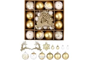 SOBEAU Bolas de Navidad Doradas y Blancas, 40 Piezas Bolas Aarbol de Navidad de Plástico, Adorno Arbol Navidad de 12 Tipos Modelos, Decoración para Fiestas de Navidad, Bodas y cumpleaños