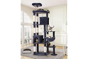 Globlazer Kratzbaum XXL für Große Katzen, Katzenbaum Groß hoch 213 cm mit 2 Katzenhaus, 55 * 45CM Plattform, Sitzstangen, Korb, Luxus Katzenturm Stabil für 3-5 Katzen Erwachsene (F83, Dunkelgrau)