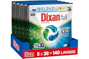 Dixan DISCS 4in1 Classico Detersivo Lavatrice, 5 confezioni da 28 Lavaggi, Capsule lavatrice per una pulizia profonda del bucato e freschezza igienica per lavatrice, Rimuove le macchie da 20°C