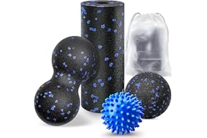 Eurtes Zestaw 4 piłek do masażu powięzi, mała rolka do masażu powięzi, 7 cm, piłka z kolcami i piłka typu peanut, wałek do masażu kręgosłupa, pleców, karku, stóp, średnio twardy wałek
