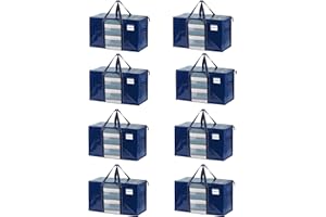 VENO 95 L Sac de Rangement Grand Pliables, Sacs de Déménagement Robustes avec Couvercle et Poignées Renforcées pour le Vêtement, Couettes et Linge de Lit, Sac à Linge(Bleu avec Fenêtre, Lot de 8)