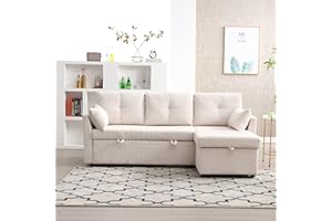 Autheria Divano Letto 3 Posti con Penisola, Divano Angolare 3 Posti Forma di L, Divano Letto Matrimoniale con Materasso, Divano 3 Posti con Braccioli e Vano Portaoggetti,Beige Velvet