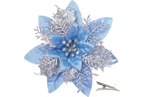 MIKAILE 20 Pezzi Fiori di Natale Artificiali con Clip, Fiori Poinsettia Glitter per Albero di Natale Ghirlanda Decorazioni Natalizie Casa (Argento-azzurro)