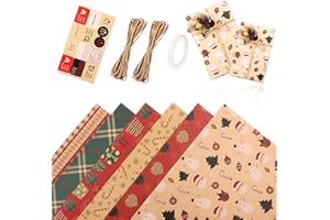 Carta da Regalo Natalizia Set, Zhenzhenlo 6 fogli 70 * 50 cm Carta da regalo natalizia Kraft con fili di iuta ed etichette per famiglie, amici, bambini a Natale