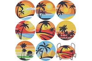 SOEWIOU Boisson Dessous sous Verres Rond, Cocotier Coucher de Soleil DIY Dessous de Verre avec Support, Réutilisable Tapis de Tasse Diamant Peinture Design Coussin pour la Maison, Bureau, Bar et Restaurant