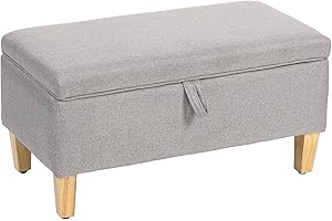 HOMCOM 30L Linen Storage Ottoman Padded Footstool with Rubberwood Legs for Storage Box, Bed End, Shoe Bench, Seating, Light Grey