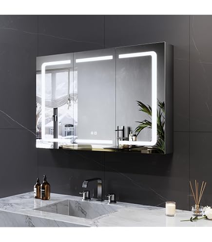 Medizinschrank Mit Spiegel Fürs Bad, 61x76 Cm, LED-Beleuchtung, Anti-Beschlag, Steckdose & USB