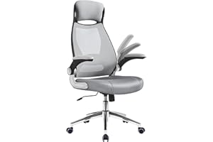 SONGMICS Sedia da Ufficio, Poltrona Girevole, con Braccioli Ribaltabili, Poggiatesta e Supporto Lombare, Inclinazione ad Oscillamento, Superficie in Rete, Grigio Tortora OBN86G01