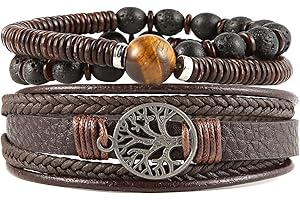 HZMAN Genuine Leather Tree of life Bracelets Men Women, Tiger Eye Natural Stone Lava Rock Beads Ethnic Tribal Elastic Bracelets Wristbands