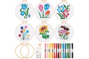 JSRQT 6 pezzi Fiori Kit Punto Croce per Principianti Adulti Bambini, Kit per Ricamo a Punto Croce Fatto a Mano per Amanti Fai da Te con Strumento, 2 Telai da Ricamo, Istruzioni, Ago e Filo