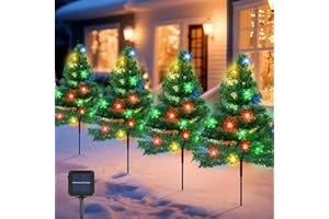 Qoosea Guirlandes Solaires de Noël pour Extérieur [Lot de 4] Lumière Solaire sur Pieux avec 80 LED Flocons de Neige, 8 Modes d'Éclairage, IP65 Étanche pour Décorations de Jardin, Cour, Allée, Noël