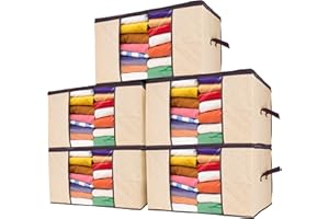 Stackzy Large Clothes Storage Bags – Sturdy Fabric Closet Organiser – Foldable Storage Solution for Closet or Underbed – Storage Bin with Reinforced Handles – 5pcs, Beige 90L Capacity