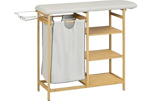 HOMCOM Kosz na pranie 57,4 l, kosz na pranie z deską do prasowania i żelazkiem, kosz na pranie z 3-poziomową półką, wysuwana i zdejmowana torba, do łazienki, bambus, naturalny