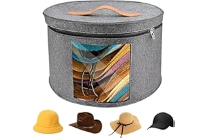 BlyeMichdi Travel Hat Box with Lid,15.7x9.8in Foldable Felt Round Hat Storage Box with Handles and Clear Window,Pop Up Organizer for Women Men,Wardrobe Organization (Gray)