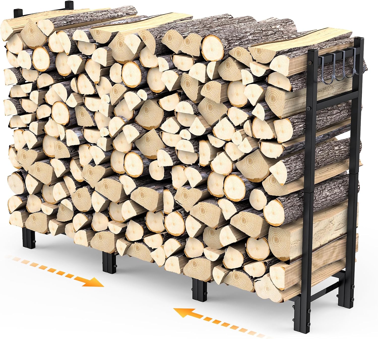 FRONDENT Estante De Leña De Metal,Estante De Registro De Chimenea,114x25x80cm,Leñero Exterior e Interior Con 4 Ganchos,Soporte Para Leña,Ayudas De Apilamiento Para Jardín,Trasteros,Porches,Chimeneas
