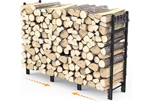 FRONDENT Estante De Leña De Metal,Estante De Registro De Chimenea,114x25x80cm,Leñero Exterior e Interior Con 4 Ganchos,Soporte Para Leña,Ayudas De Apilamiento Para Jardín,Trasteros,Porches,Chimeneas