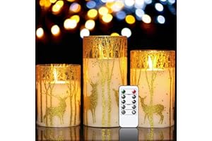 Eldnacele Glass Flameless Candles Flickering with Timer Remote, 3 Pack Gold Reindeer Elk Decal Real Wax Candles Lights Include Realistic Dancing Flames and for Christmas Home Decoration