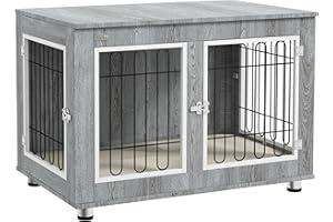 PawHut Hundekäfig Möbel mit 2 Türen Kissen 2 Verriegelungen Metall Hundebox für Zuhause Indoor Hundehütte für große Hunde bis zu 25 kg Beistelltisch Hundehaus 90 x 58 x 65 cm Grau