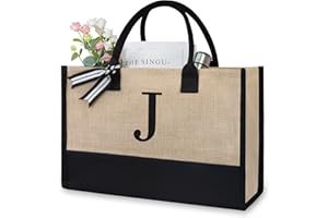 TOPDesign Initial Jute/Canvas Tote Bag, Personalized Present Bag, Suitable for Wedding, Birthday, Beach, Holiday, is a Great Gift for Women, Mom, Teachers, Friends, Bridesmaids