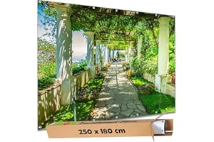 TRIOSK Sichtschutz Garten Deko Zaun Plane Blickdicht groß mit Zaunblende Motiv Italien Capri Laubengang für Zaunelement Doppelstabmatten Stabmattenzaun Gartenzaun PVC 250x180 cm