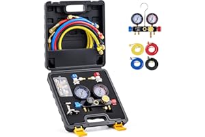 Orion Motor Tech AC Manifold Gauge Set for R410a R22 R134a Refrigerant, 4 Valve Automotive AC Gauge Set with Antishock Gauges Hoses Couplers Adapters, Puncturing Can Tap Freon Recharge Kit, Black Case