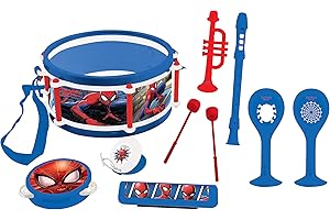 Lexibook, Spider-Man, Set de 7 Instrumentos Musicales (Tambor, Maracas, Castañuela, Armónica, Flauta Dulce, Trompeta, Pandereta), Juguete Musical, Cómodo Juego para Llevar, Azul/Rojo, K360SP