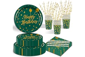 EVYIENEN 125 Stück Pappteller Geburtstag Dunkelgrüne Gold Punkte Partyzubehör Pappteller Set,25 Gäster Teller Tassen Servietten Strohhalme für Babydusche Geburtstag Hochzeit Party