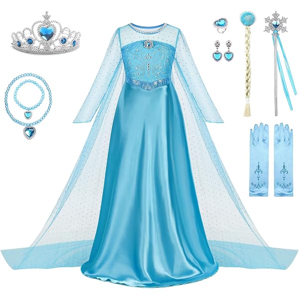 IWEMEK Mädchen Frozen Kostüm – Elsa & Anna Kleid Mit Mantel-Optik, Reißverschluss, Langem Rock – Cosplay Prinzessin Für Fasching, Halloween Und Mottopartys (2-8 Jahre)