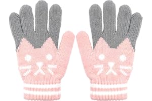 ALLY-MAGIC Kids Winter Warm Knitted Soft Cute Cat Thermal Full Fingers Stretch Gloves for Outdoor School Costume Daily Wearing for Boys Girls
