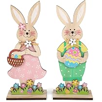Coppia Di Coniglietti Pasquali In Legno 16x15 Cm - Decorazione Rustica Marrone, Rosa E Bianca Per La Casa (B243)