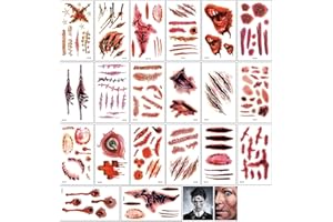 BUZIFU Tatuajes Temporales Halloween, 20 Hojas Pegatinas de Tatuajes de Halloween para Cara y Cuerpo Halloween Zombie Cicatrices Tatuajes Pegatinas Adhesivos Heridas Halloween Para Adultos y Niños