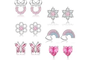 SENTERIA 6 Pairs Sterling Silver Stud Earrings for Women, Hypoallergenic Silver Studs for Girls Cute Pink CZ Heart Butterfly Flower Silver Earrings for Women Sleeper Earring Set for Multiple Piercings