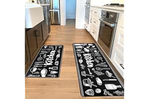 Alishomtll Kitchen Mats Sets, 2 Piece PVC Kitchen Rugs, Waterproof Non-slip Anti-Fatigue Stain-Resistant Black Kitchen Runner Washable Standing Mats for Home Office Floor 44x75+44x150cm