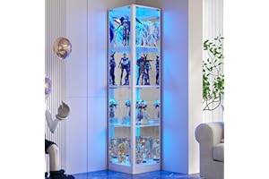 ‎FREDEES FREDEES Glas Vitrine mit LED-Beleuchtung, Eck-Vitrine mit Glastüren, 4-stöckige Sammlervitrine für Sammlerstücke/Spielzeug/Bücher, Verspiegelter Aufbewahrungsschrank, Weiß