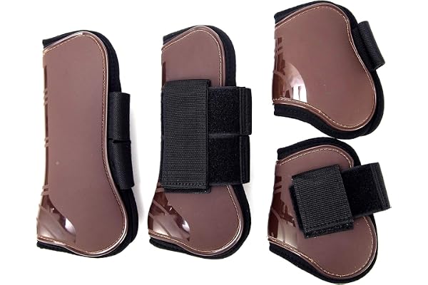 Merauno® Lot de 4 guêtres pour chevaux, paire pour avant et arrière avec coque rigide et fermeture velcro pour femmes et hommes, en PU robuste et élastique, bottes pour tendons, classique (M(VB), brun