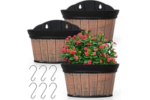 SOMYTING Lot de 3 pots de fleurs à suspendre au mur - En chêne vieilli - En plastique épais - Stockage d'eau - Pour plantes, fleurs, intérieur, garde-corps extérieur ou décoration de clôture (marron)