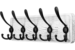 SKOLOO Wooden Coat Rack Vintage Sturdy Coat Hooks Wall with 5 Triple Hooks for Hanging Clothes, Coats, Hats, Jackets, Backpacks, Hook Rack Wood Black on White