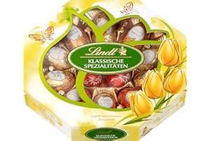‎LINDT Lindt Schokolade Spezialitäten Eier | 216 g | Vollmilcheier mit und ohne Alkohol (Marc de Champagne, Nougat, Cresta, Vanille Trüffel, LINDOR Milch) | Oster Schokolade | Schokoladengeschenk | Ostereier