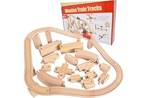 Joyin Toy 62-częściowy drewniany zestaw rozszerzeń torów kolejowych + 1 dodatkowy pociąg zabawkowy – nowa wersja kompatybilna ze wszystkimi głównymi markami, w tym z napędem akumulatorowym Thomas