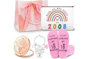 Shining She 18. Geburtstag Mädchen Geschenk Set, Geburtstagsgeschenk für Frauen Freundin mit 2008 Kosmetiktasche, 18. Schlüsselanhänger, 18. Rosa Socken und Kosmetikspiegel Beste Freundin Geschenke