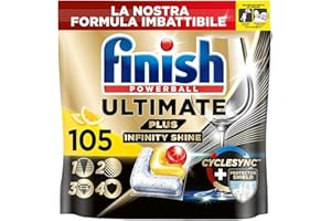 Finish Ultimate PLUS Infinity Shine Pastiglie Lavastoviglie al Limone, 105 Capsule con Scudo Protettivo contro lo Sporco e i Residui Incrostati