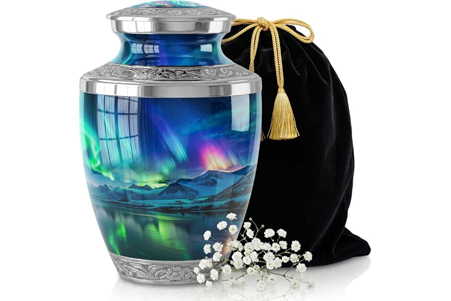 Aurora Borealis Cremation Urn for Human and Pet Ashes – Large Adult Aluminum Memorial Funeral Burial Urn for Men, Women & Pet